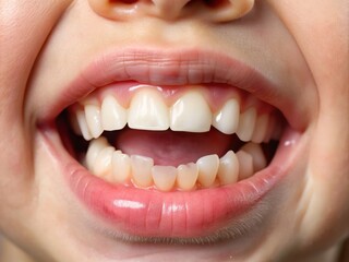 Close-Up of a Baby's Milk Teeth with a Gap and Emerging First Molar &ndash; A Milestone in Dental Development Captured Through Documentary Photography