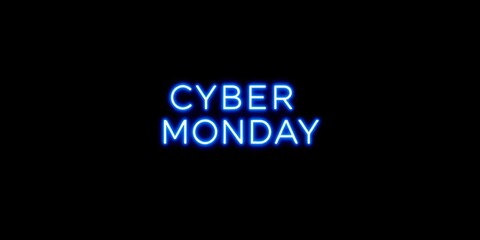 Fototapeta premium Neon blue Cyber Monday concept on dark backdrop, digital and minimalistic, isolated on white background with copy space, blue, copy space, stock photo