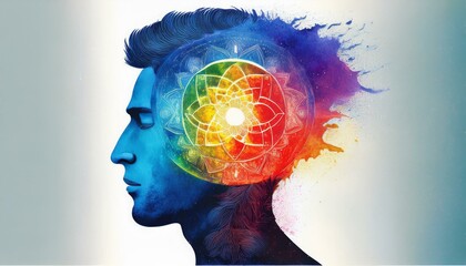 Human head, chakra power, inspiration abstract thinking splash watercolor painting. Human head, chakra power, inspiration abstract thinking, world, universe inside your mind, watercolor painting