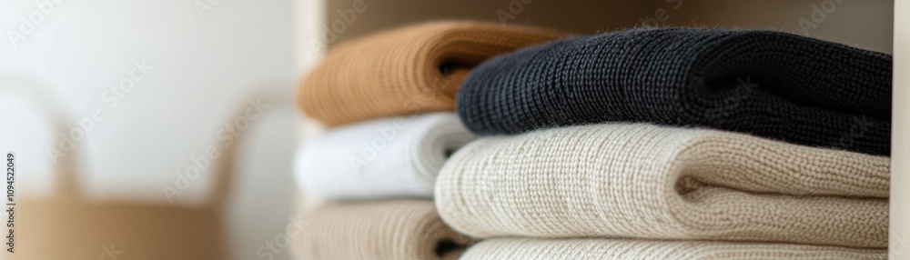 Poster a neatly organized shelf displaying folded towels in various neutral colors, creating a serene and c
