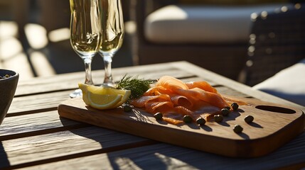 A beautifully arranged platter featuring smoked salmon, capers, lemon, and a glass of sparkling beverage on a rustic wooden table.