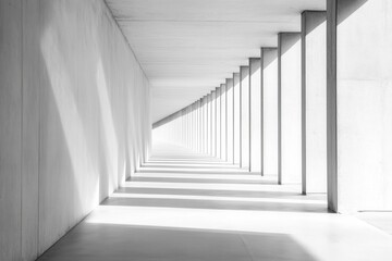 A minimalist corridor with geometric columns and shadows, creating a sense of depth and perspective.