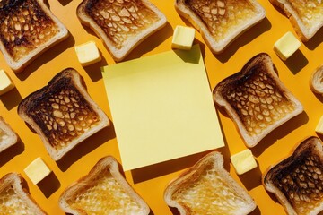 Blank yellow sticky note framed by toast slices in playful pattern with melting butter cubes on vibrant orange background and sharp shadows for contrast