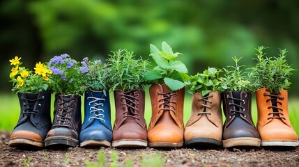 Upcycled Vintage Shoes Transformed into Vibrant Flower Planters in a Playful Garden