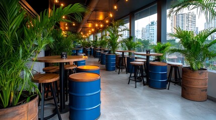 Minimalist Outdoor Lounge with Upcycled Industrial Drum Stools in Trendy Urban Setting