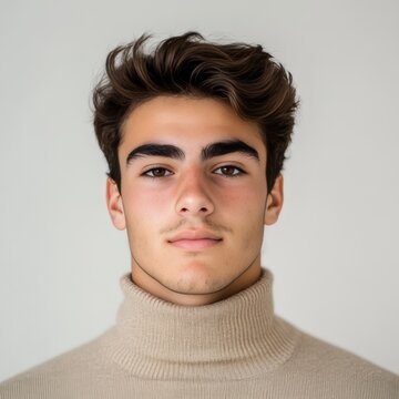 Stylish young man in a beige turtleneck, ideal for avatar or business portrait use, passport photo, model test