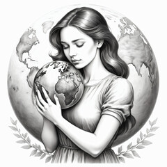Naklejka premium simple black and white pencil drawing, woman tenderly holding planet earth, symbolizing love, care and environmental harmony