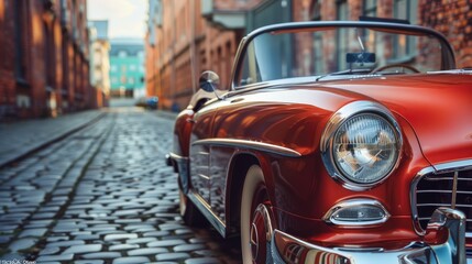 A Timeless Classic Car Parked on a Charming Cobblestone Street in a Historic Setting