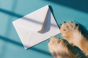 Clean white envelope on vibrant blue surface with soft golden dog paws nearby and subtle shadows creating a cozy, minimalist composition