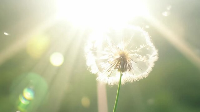 Gentle tilt up video of dandelion seed head exploding in soft, diffused sunlight. The seeds catch the light as they float gently through the air