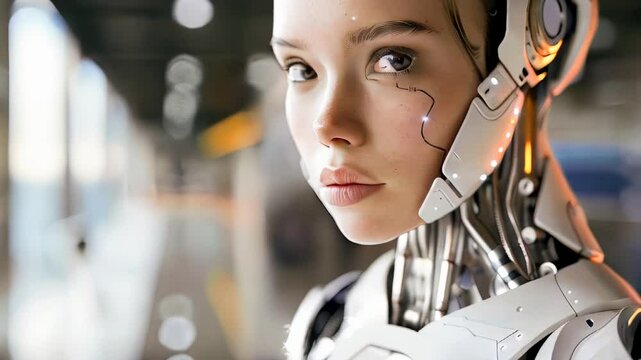 humanoid robot with female face sleek white helmet stares intently ahead in a high-tech environment, illuminated by cool-toned lights. The setting suggests advanced technology artificial intelligence
