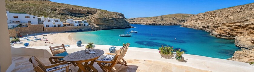 Fototapeta premium Scenic coastal view with a beach, boats, and outdoor seating area.