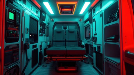 Emergency response action medical vehicle interior view high-tech environment