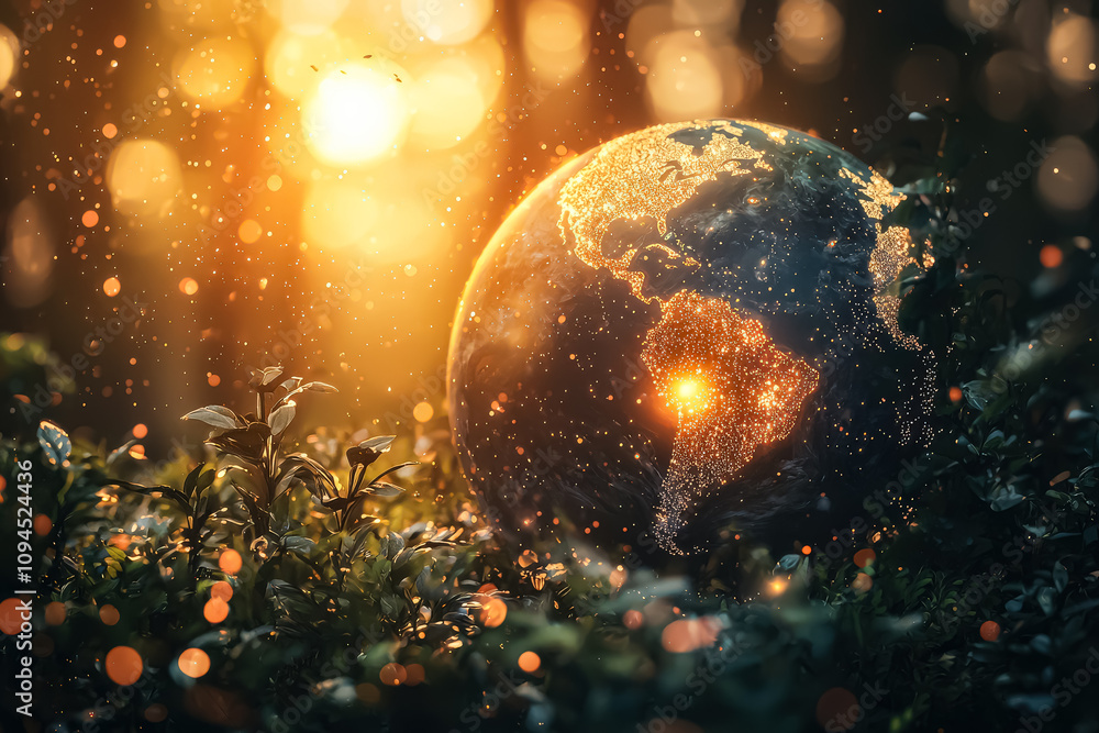 Poster glowing globe of the earth is surrounded by a forest of trees. the globe is lit up with a bright lig