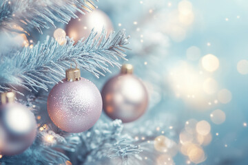 .christmas balls on pine tree branch green leaf blurred bokeh background merry christmas,film style