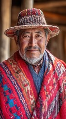 Obraz premium Chilean man in vibrant traditional attire stands proudly in a rustic village backdrop