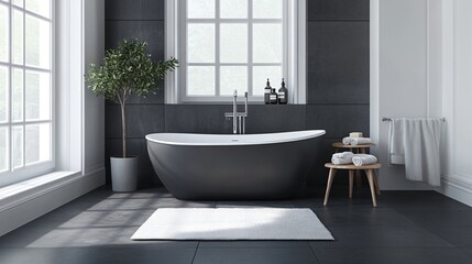 Modern Dark Grey Freestanding Bathtub in Luxurious Minimalist Bathroom Interior