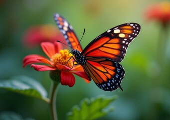 Fototapeta premium Colorful butterfly perched on vibrant orange flower in lush garden setting