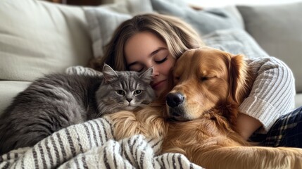 Content girl resting with dog and cat on sofa.