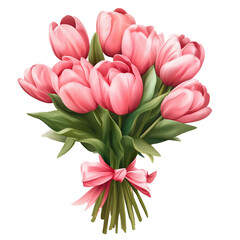 Obraz premium bouquet of pink tulips with a bow for Mother's Day or Women's Day png. transparent background isolated