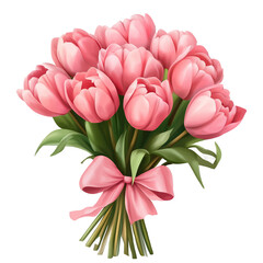 Fototapeta premium bouquet of pink tulips with a bow for Mother's Day or Women's Day png. transparent background isolated