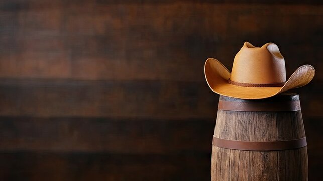 Charming cowboy hat resting atop a rustic barrel against a warm wooden backdrop evoking Wild West nostalgia