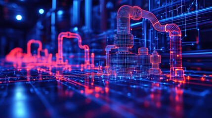 Futuristic industrial landscape featuring glowing digital pipelines and high-tech machinery in a virtual environment. Generative AI