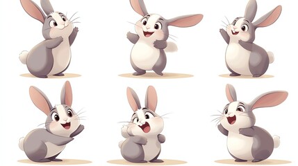 Naklejka premium Six cute cartoon bunnies in different poses, with a white background.