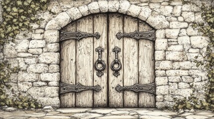 Fototapeta premium A rustic wooden door with metal accents set in a stone wall, surrounded by ivy.