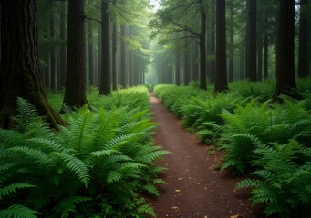 Fototapeta premium Serenity of a winding forest path surrounded by lush ferns in a tranquil woodland setting