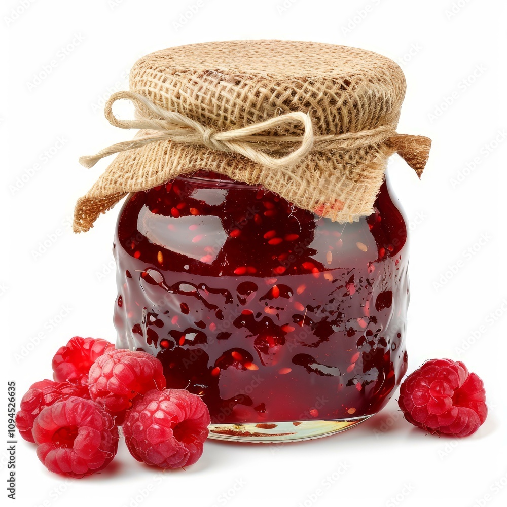 Poster raspberry jam in glass jar covered with burlap textile and tied with twine near fresh raspberries on