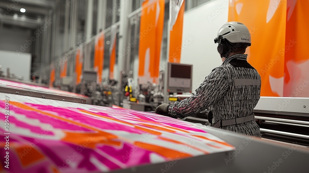 Poster a factory worker monitoring a textile printing machine
