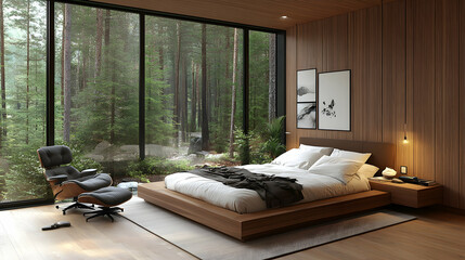 Modern bedroom design showcases a platform bed and chair, overlooking a lush forest through expansive windows, creating a serene atmosphere.