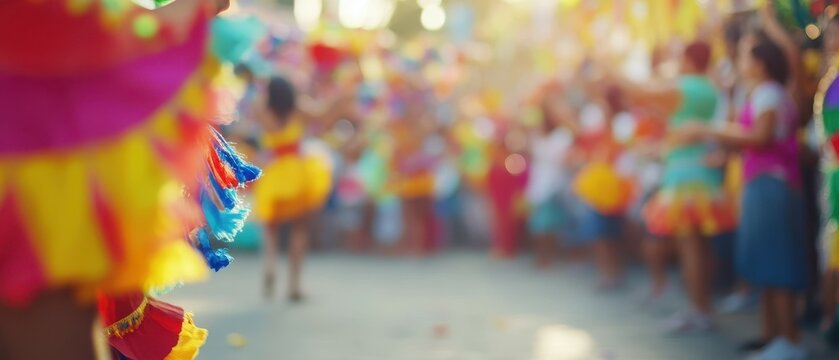 People in vibrant attire dance joyfully in the streets with festive decorations all around