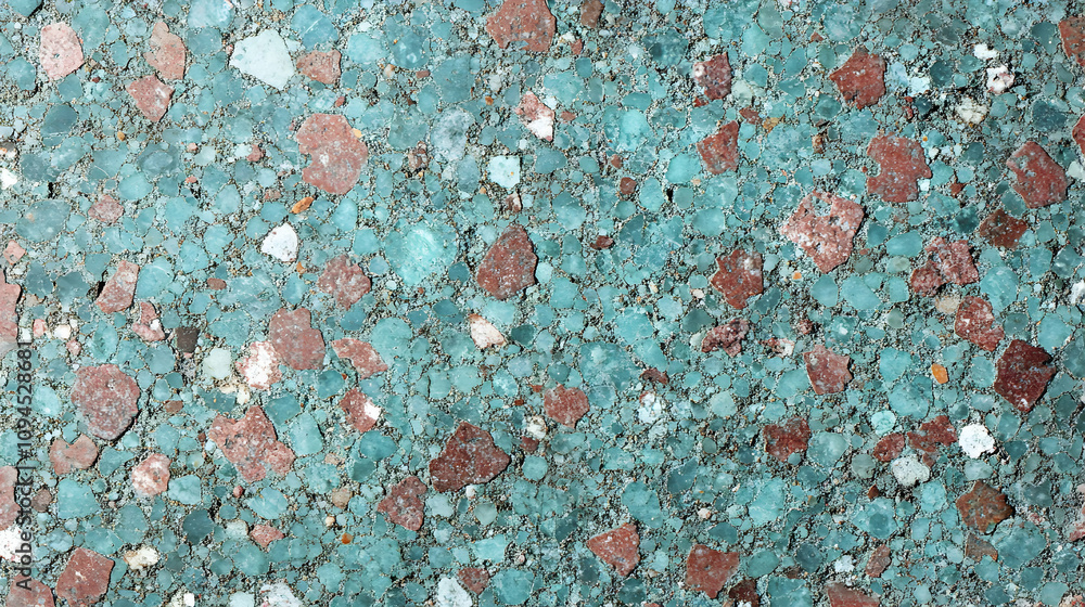 Aufkleber teal and red aggregate stone texture: a detailed close-up of a colorful, irregular patterned surface