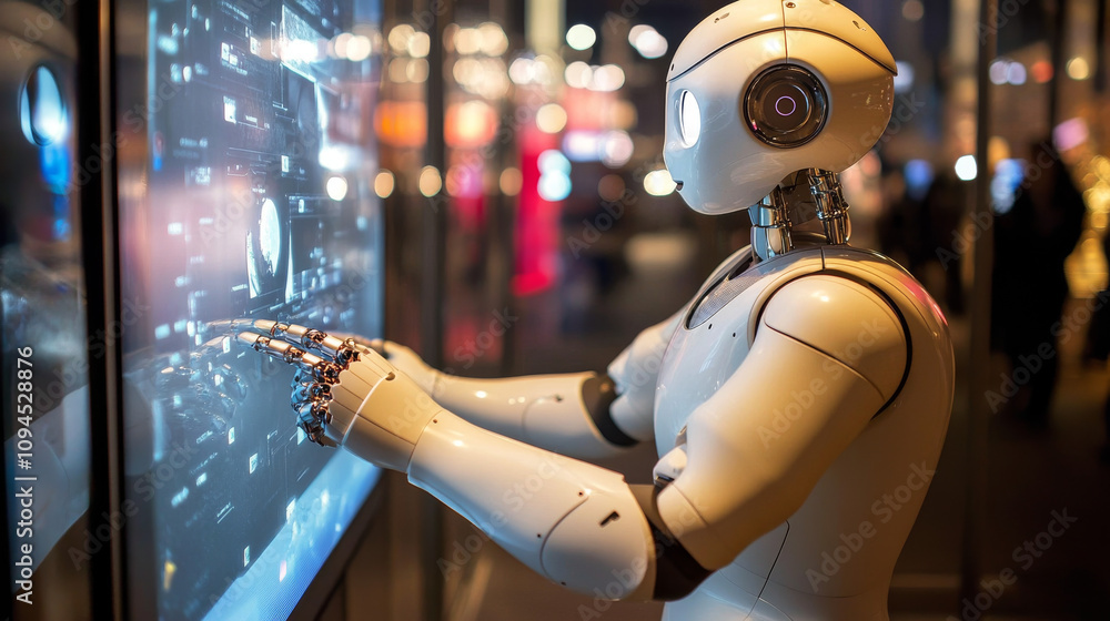Poster a robot uses a 3d touchscreen. its back is to us, but we can see it touch a button on a holographic 