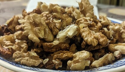 The walnut kernels are ready to lie on a plate. Cleaned. Without scorpupa