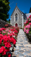 Naklejka premium Stone Church Path Adorned with Vibrant Pink and Red Flowers on a Sunny Day