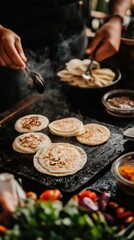 Fototapeta premium Pupusas sizzle on a griddle in El Salvador's lively street food scene