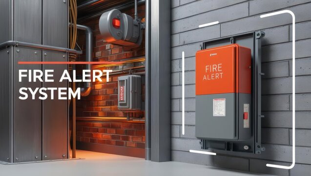 Fire alarm sensor monitoring system in industrial setting realistic layout illustration for safety