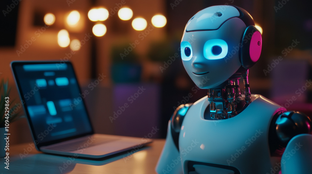 Poster a robot head on a phone screen shows an ai chatbot. this ai talks to users through messaging apps. i