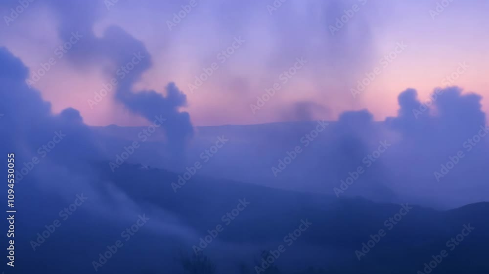 Poster camera slowly pushes in on a foggy twilight landscape as swirling mist parts and explodes, revealing