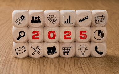 Dice with icons and the Year 2025