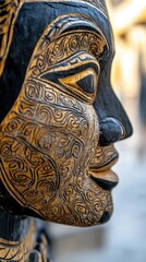 Obraz premium Close-up of a hand-carved Bali mask, showcasing vibrant colors and stunning etchings