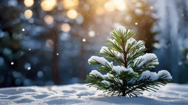 A small fir tree stands in a snowy forest, snowflakes are falling, twinkling