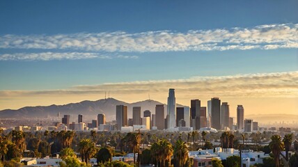 Obraz premium Panoramic Los Angeles Skyline at Golden Hour with Skyscrapers, Palm Trees, and Mountains V3
