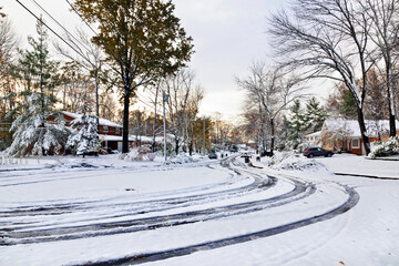 Car Track On Snow Whitewood Street Edison, New Jersey, Usa