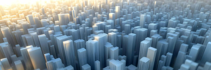 Obraz premium Abstract 3D Cityscape: Digital Blocks Form a Futuristic Urban Landscape Under a Golden Sunrise
