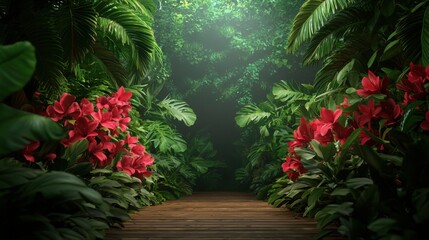 Obraz premium Exploring lush tropical pathway surrounded by vibrant flora nature
