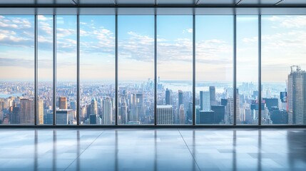 A large city view from a high floor of a building. The city is full of tall buildings and the sky is clear